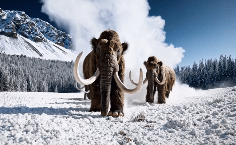 image extraite d'une vidéo générée par Sora représentant deux mammouths dans un paysage enneigé